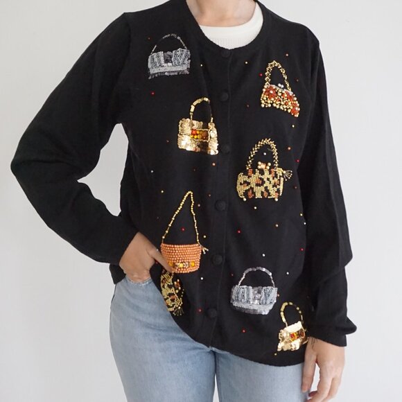 Absolutely Fabulous Black w Gold Beaded Purse Motif Glam 90s Sweater L - Picture 1 of 10